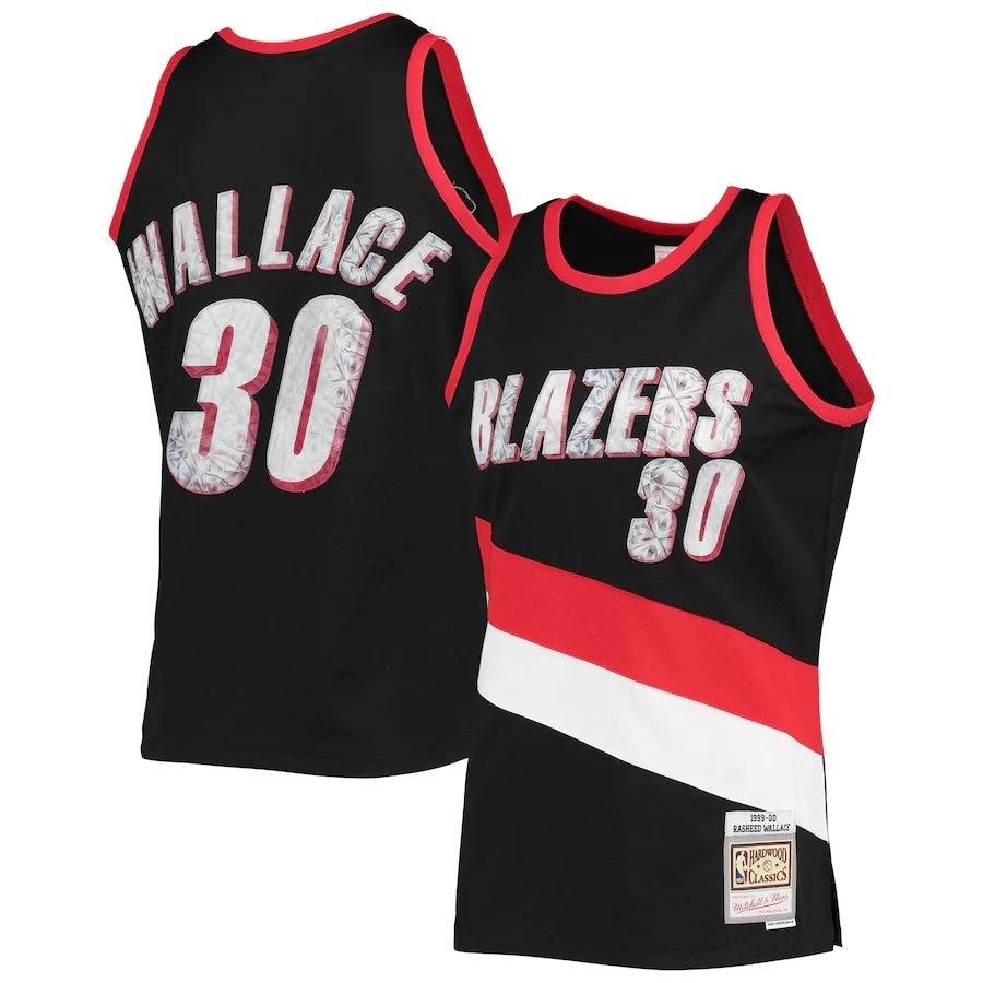 Portland Trail Blazers #30 Rasheed Wallace Mitchell & Ness 1999-00 Hardwood Classics 75th Anniversary Diamond Swingman J basketball jersey product view 1