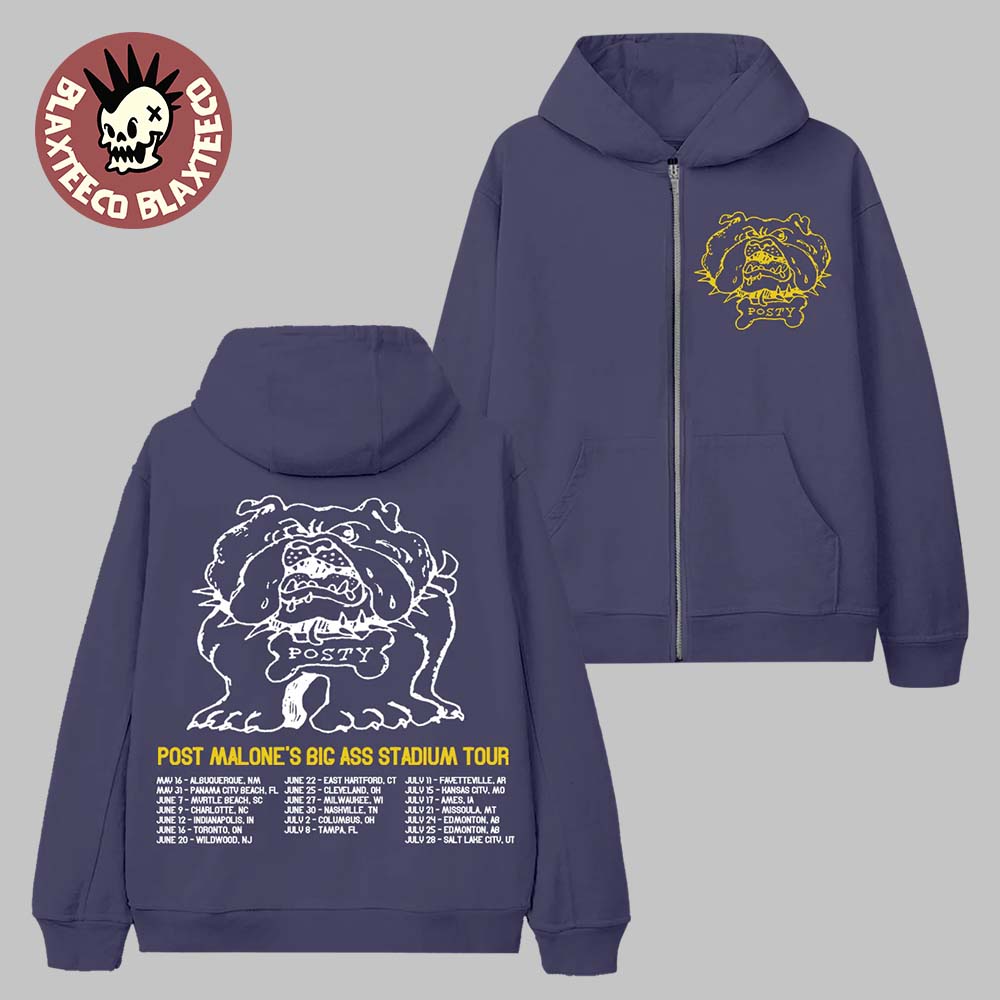 Post Malone Big Ass Stadium Tour 2026 Merch Posty Bulldog Zip Hoodie Unisex T-shirt, Sweatshirt, Hoodie, Long Sleeve Tee - T-Shirt, Sweatshirt, Hoodie