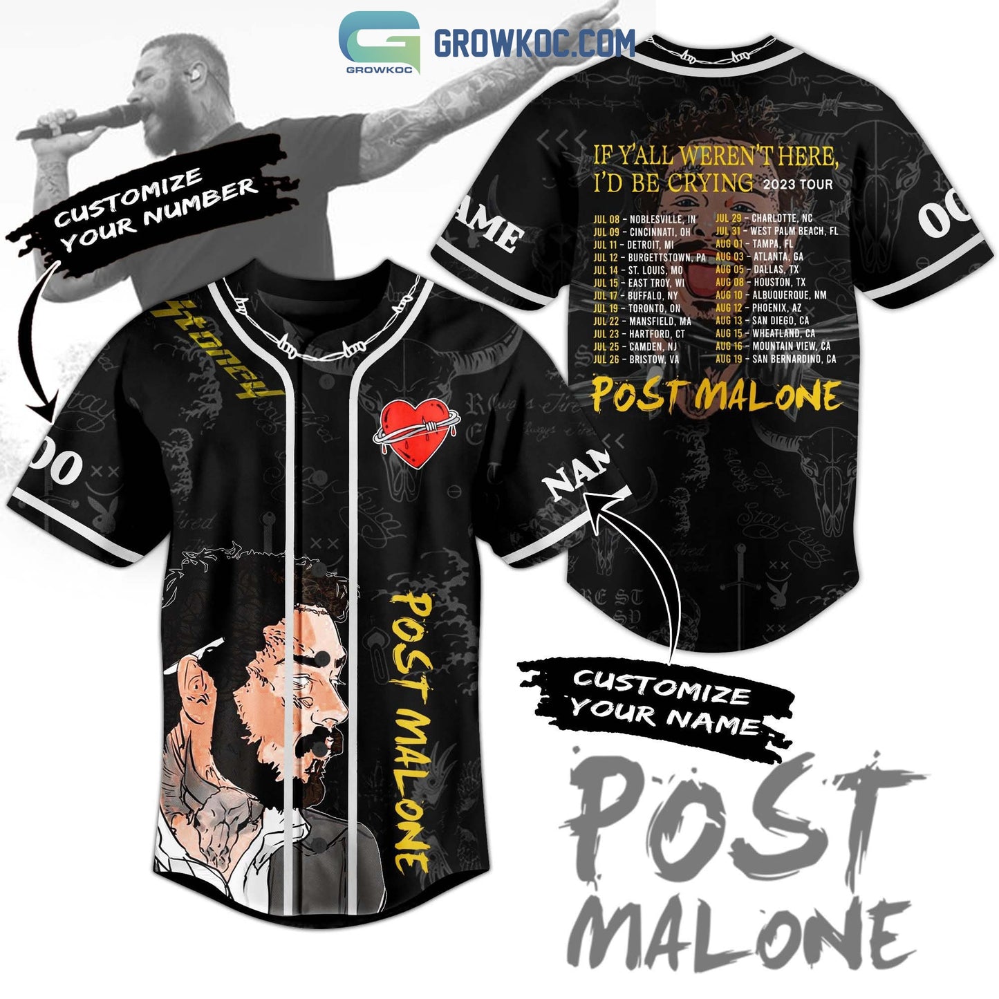 Post Malone If Y’All Weren’t Here I’D Be Crying 2023 Tour Personalized Baseball Jersey baseball jersey product view 1