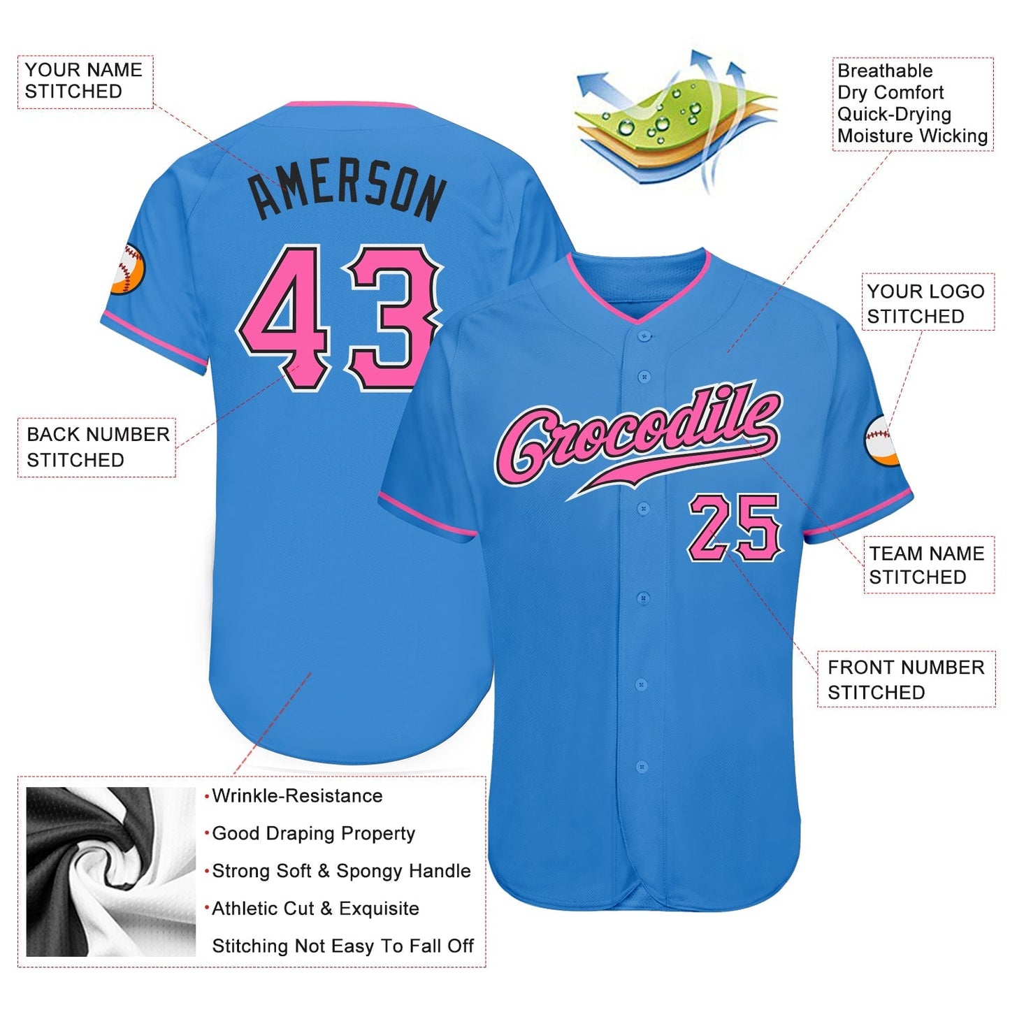 Custom Powder Blue Pink-Black Authentic Baseball Jersey baseball jersey product view 3