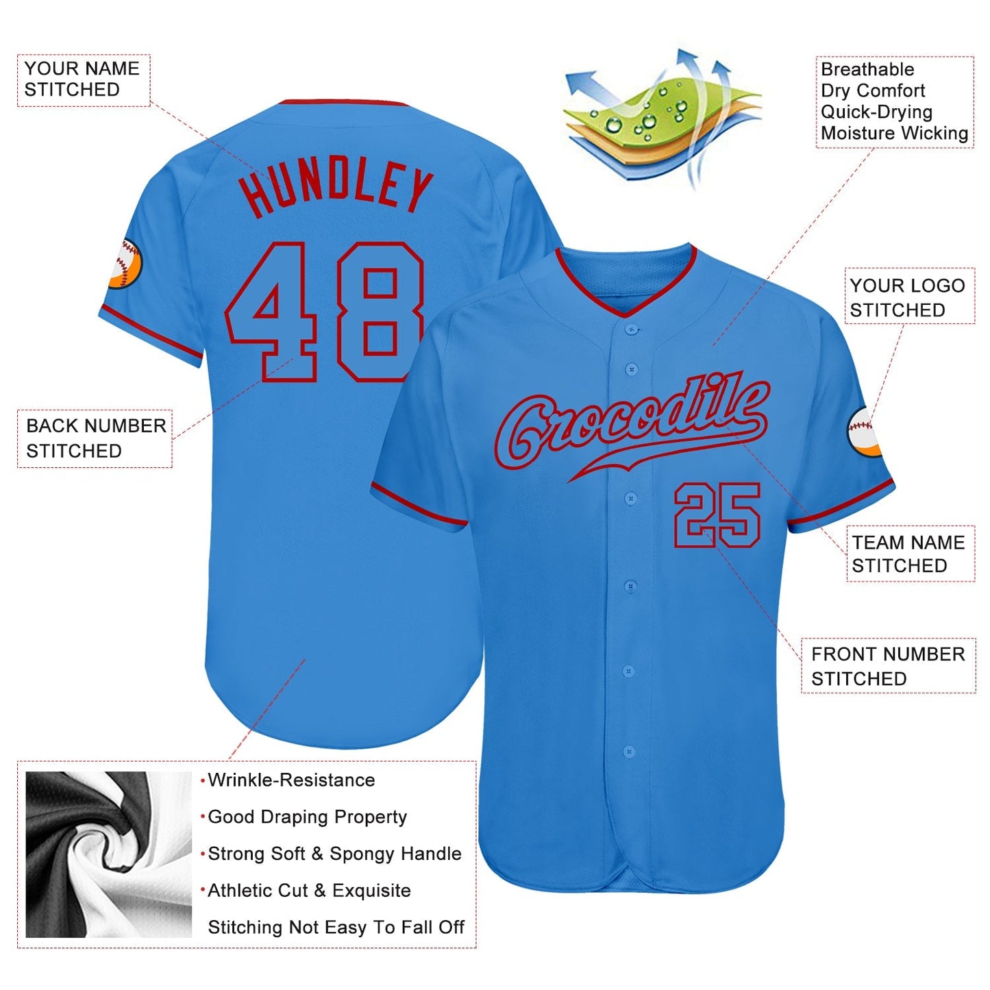 Custom Powder Blue Powder Blue-Red Authentic Baseball Jersey baseball jersey product view 3