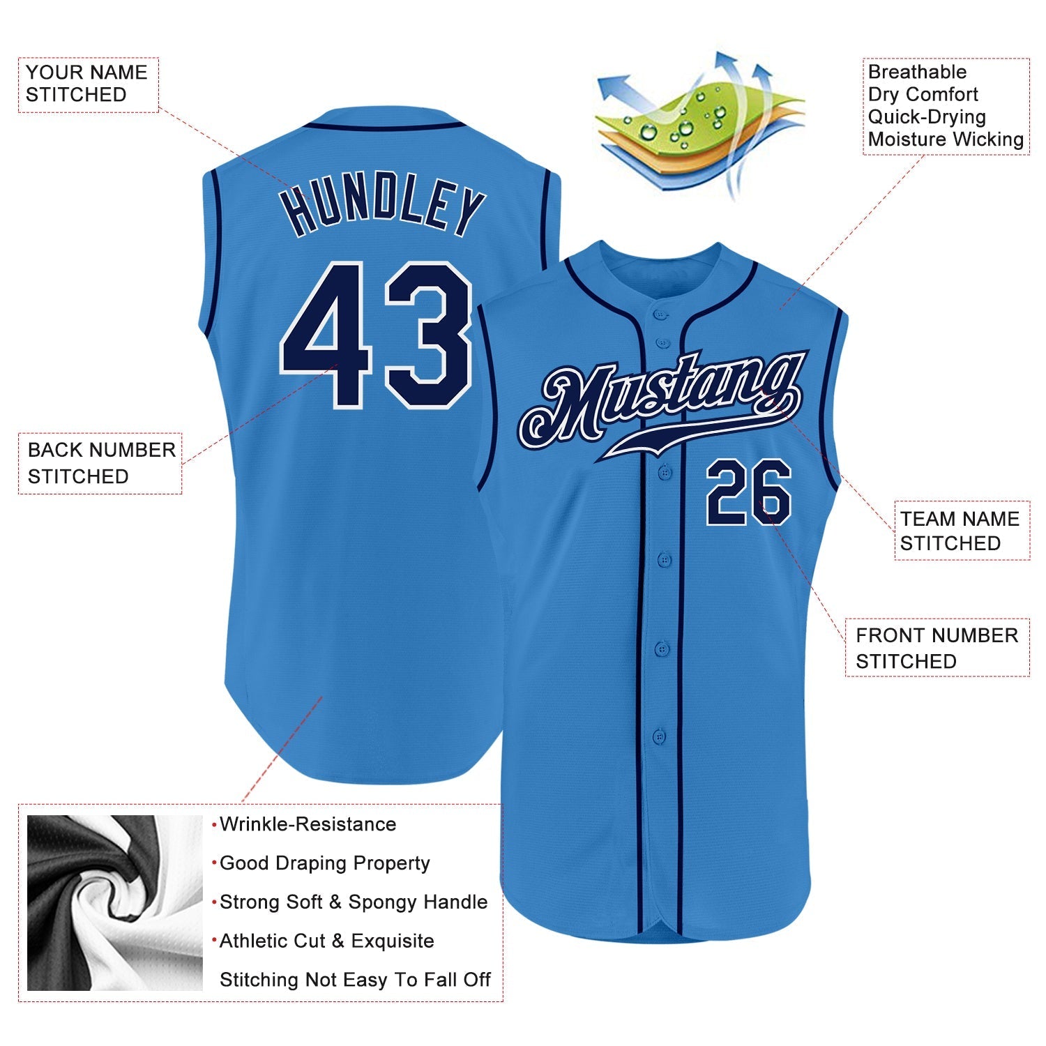 Custom Powder Blue Navy-White Authentic Sleeveless Baseball Jersey baseball jersey product view 2