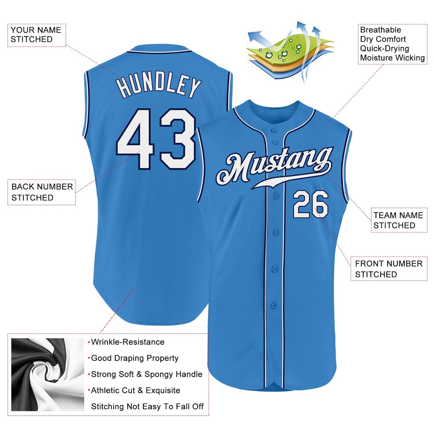 Custom Powder Blue White-Navy Authentic Sleeveless Baseball Jersey baseball jersey product view 2