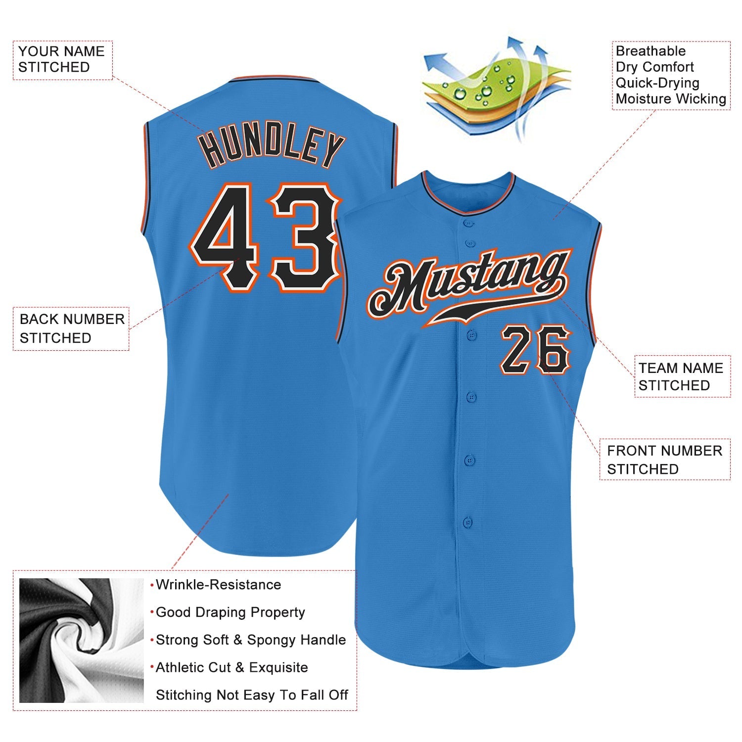 Custom Powder Blue Black-Orange Authentic Sleeveless Baseball Jersey baseball jersey product view 2