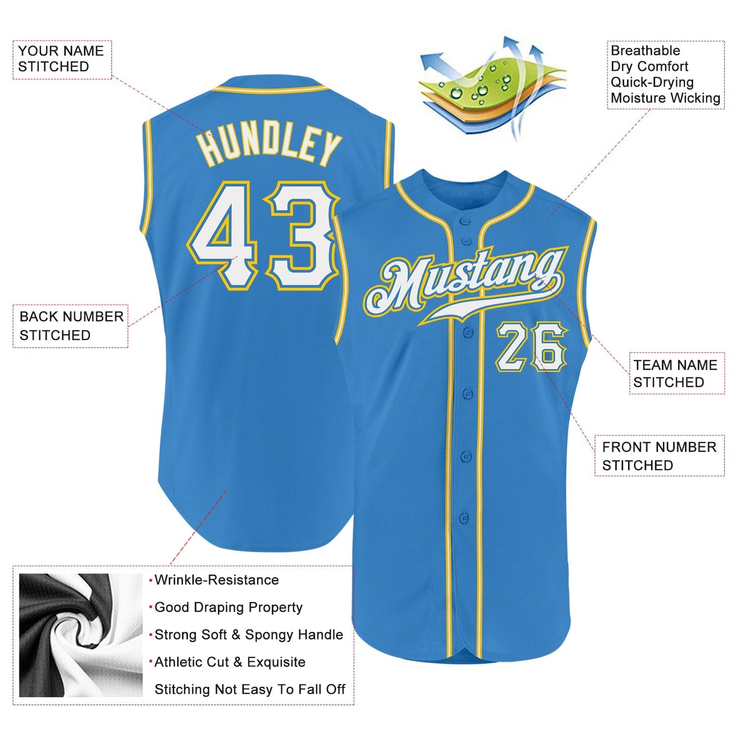 Custom Powder Blue White-Gold Authentic Sleeveless Baseball Jersey baseball jersey product view 2