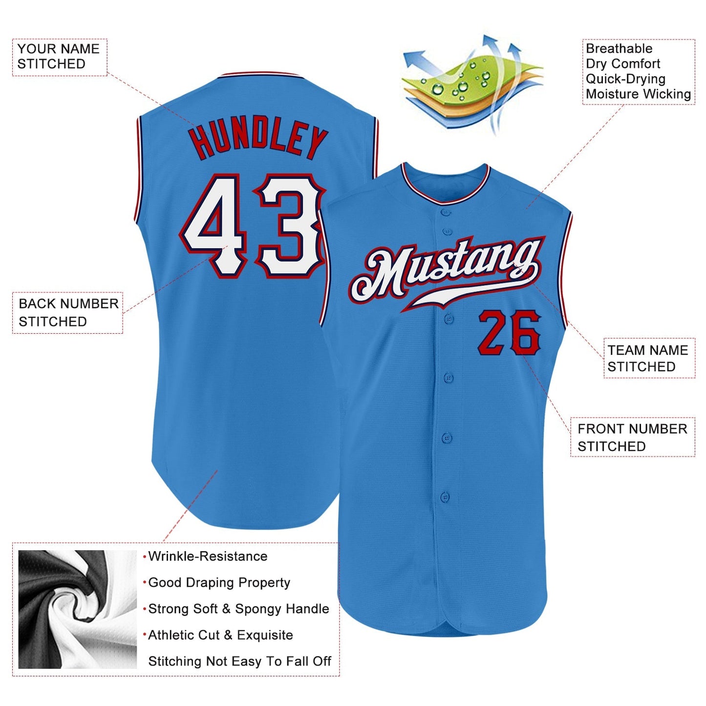 Custom Powder Blue White-Red Authentic Sleeveless Baseball Jersey baseball jersey product view 2