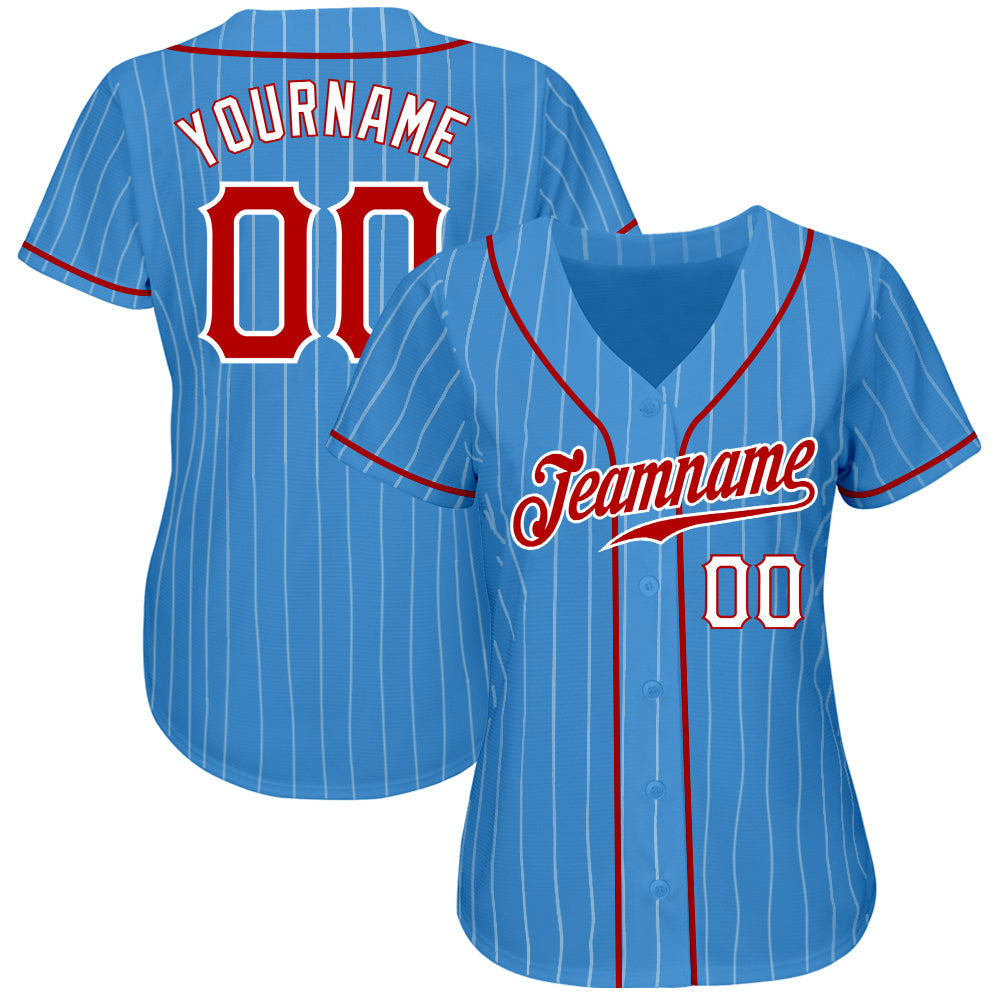 Custom Powder Blue White Pinstripe Red-White Authentic Baseball Jersey baseball jersey product view 2