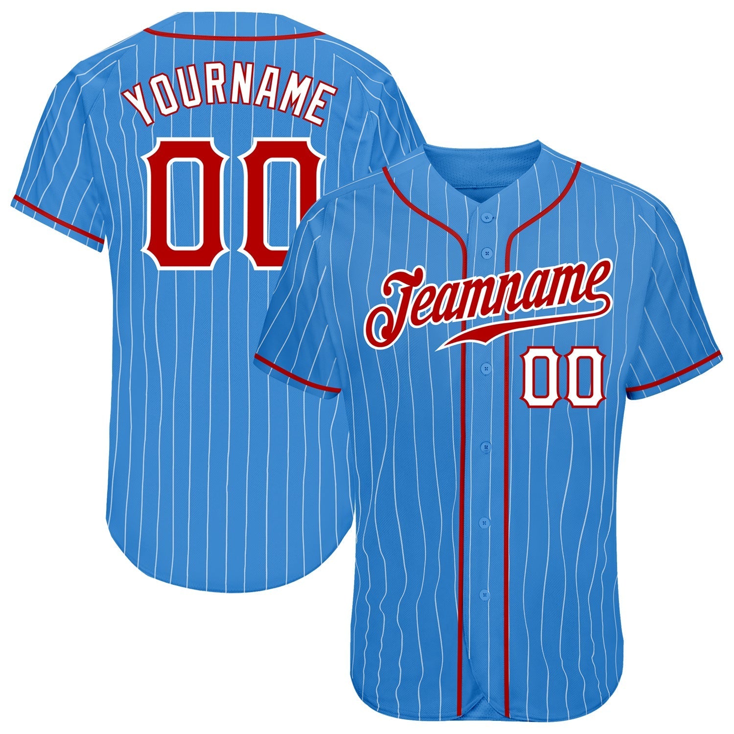 Custom Powder Blue White Pinstripe Red-White Authentic Baseball Jersey baseball jersey product view 1