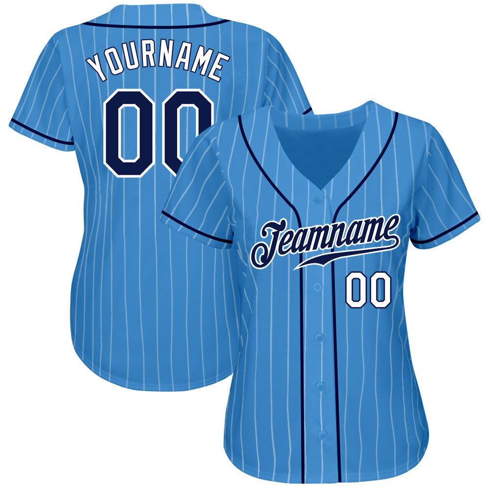Custom Powder Blue White Pinstripe Navy-White Authentic Baseball Jersey baseball jersey product view 2