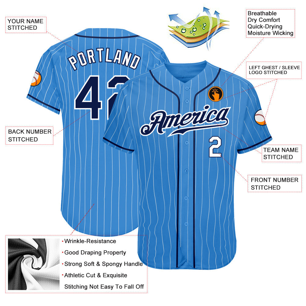 Custom Powder Blue White Pinstripe Navy-White Authentic Baseball Jersey baseball jersey product view 3