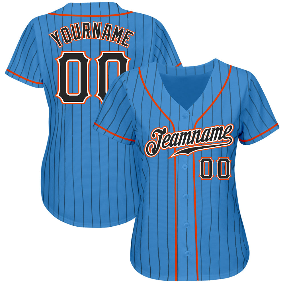 Custom Powder Blue Black Pinstripe Black-Orange Authentic Baseball Jersey baseball jersey product view 2