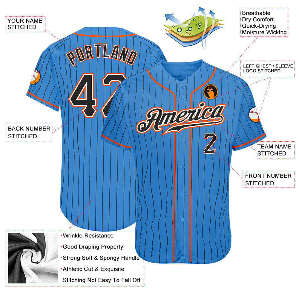 Custom Powder Blue Black Pinstripe Black-Orange Authentic Baseball Jersey baseball jersey product view 3