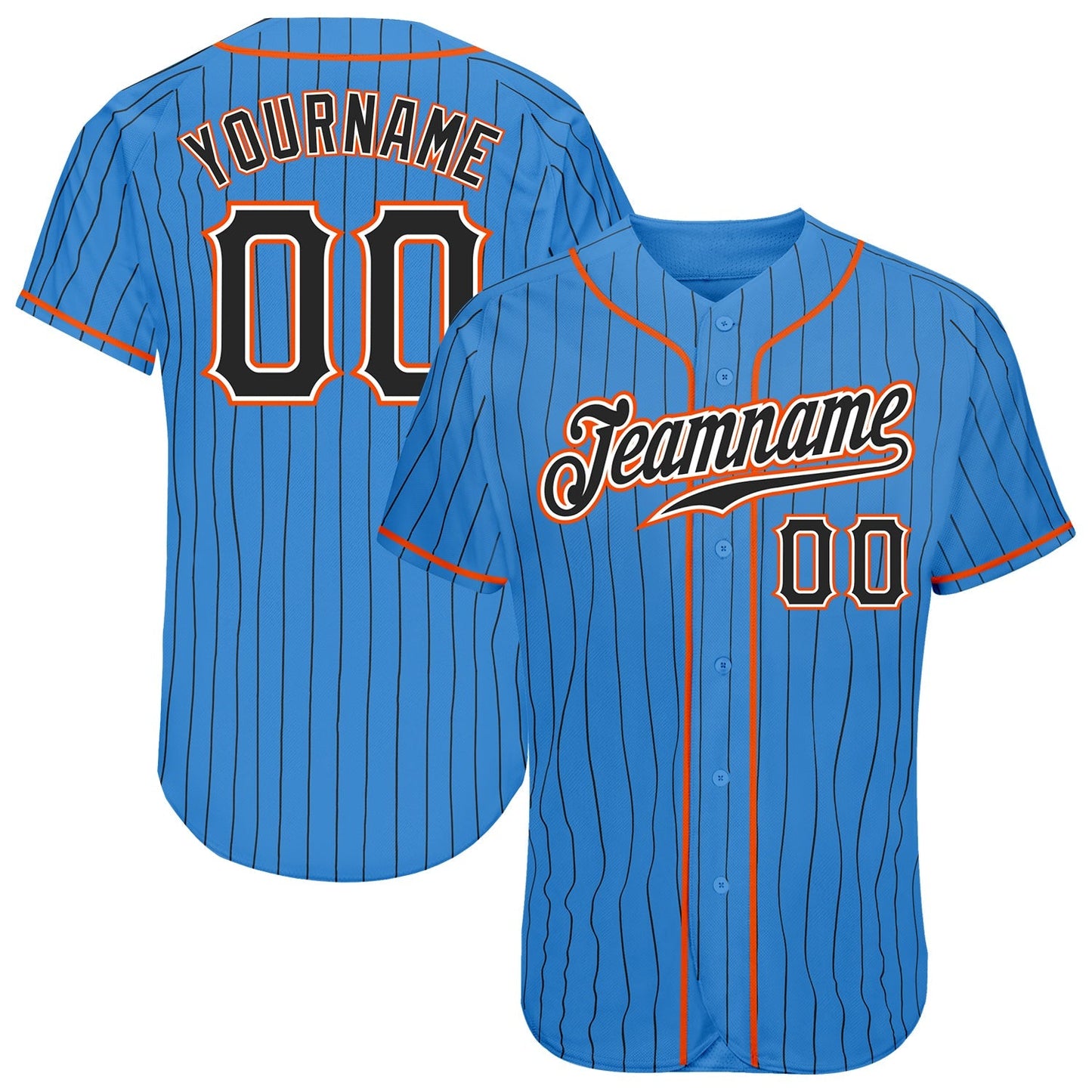Custom Powder Blue Black Pinstripe Black-Orange Authentic Baseball Jersey baseball jersey product view 1