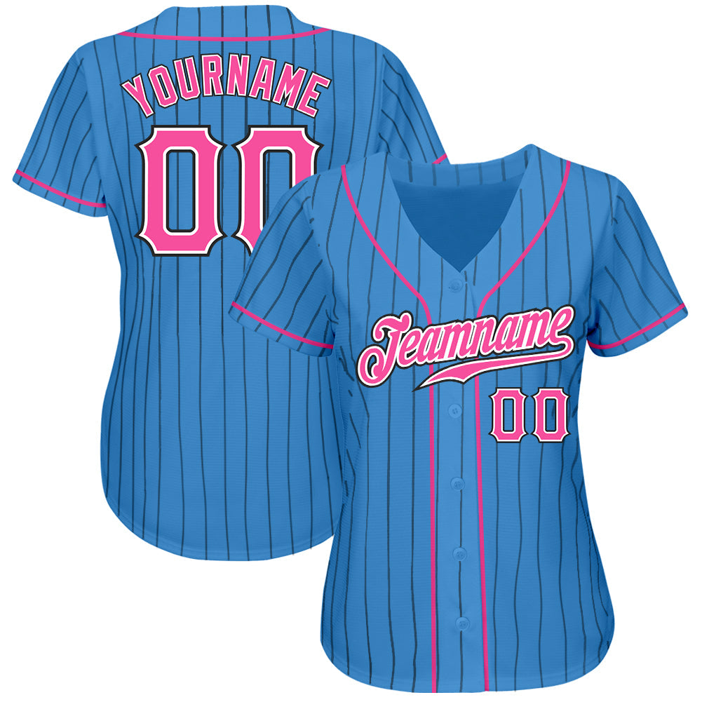 Custom Powder Blue Black Pinstripe Pink-White Authentic Baseball Jersey baseball jersey product view 2