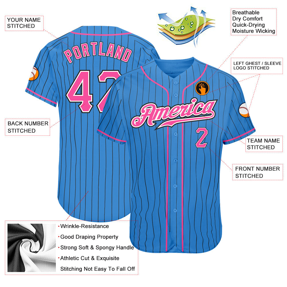 Custom Powder Blue Black Pinstripe Pink-White Authentic Baseball Jersey baseball jersey product view 3