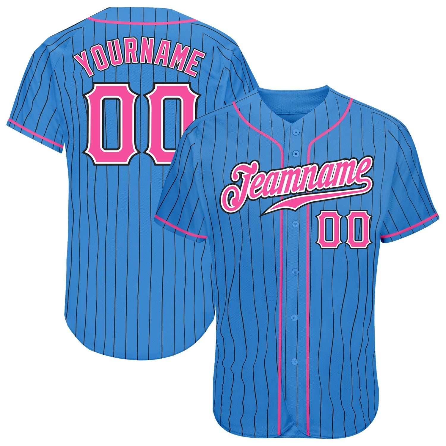 Custom Powder Blue Black Pinstripe Pink-White Authentic Baseball Jersey baseball jersey product view 1
