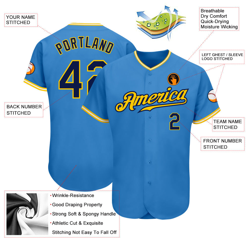 Custom Powder Blue Navy Gold-White Authentic Baseball Jersey baseball jersey product view 3