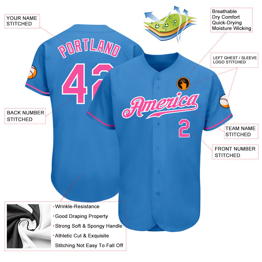 Custom Powder Blue Pink-White Authentic Baseball Jersey baseball jersey product view 3
