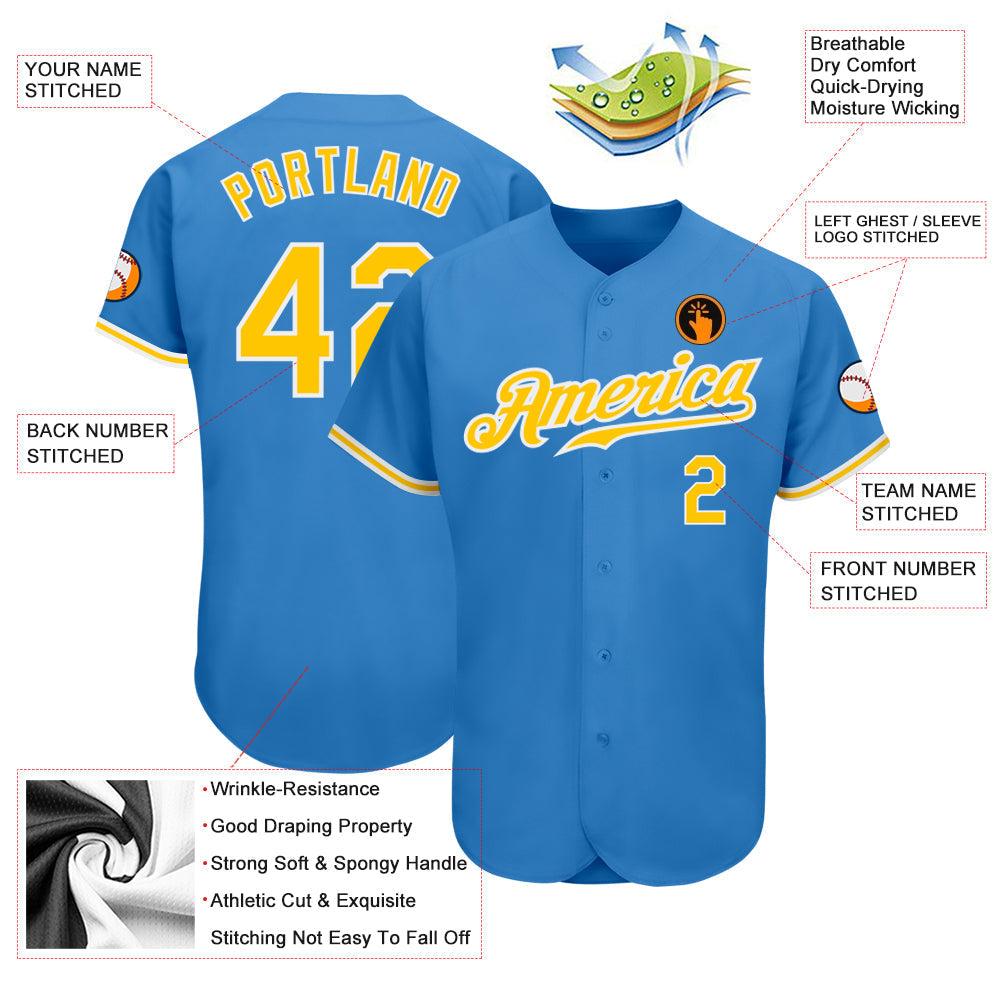 Custom Powder Blue Gold-White Authentic Baseball Jersey baseball jersey product view 3