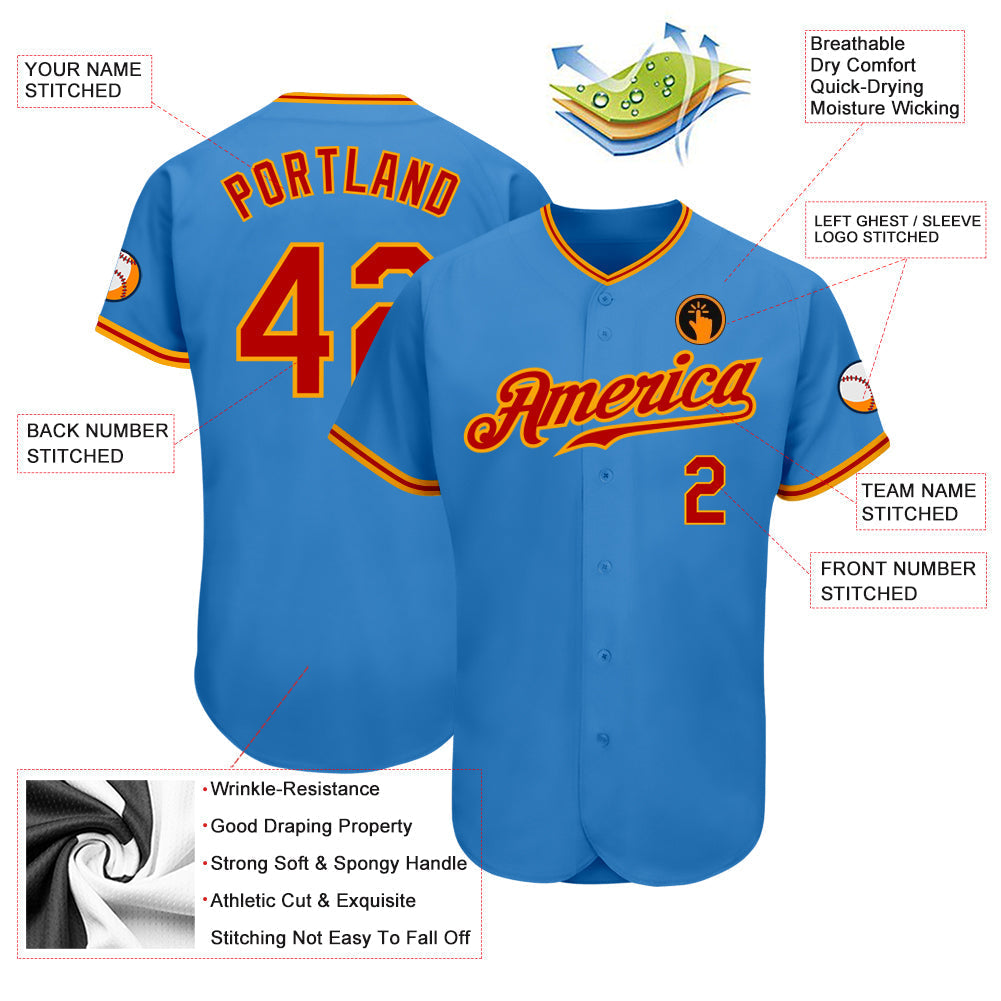Custom Powder Blue Red-Gold Authentic Baseball Jersey baseball jersey product view 3