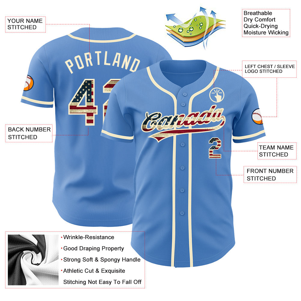 Custom Powder Blue Vintage USA Flag-Cream Authentic Baseball Jersey baseball jersey product view 3
