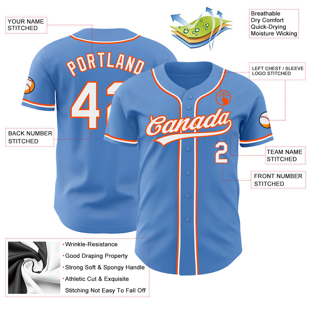 Custom Powder Blue White-Orange Authentic Baseball Jersey baseball jersey product view 3