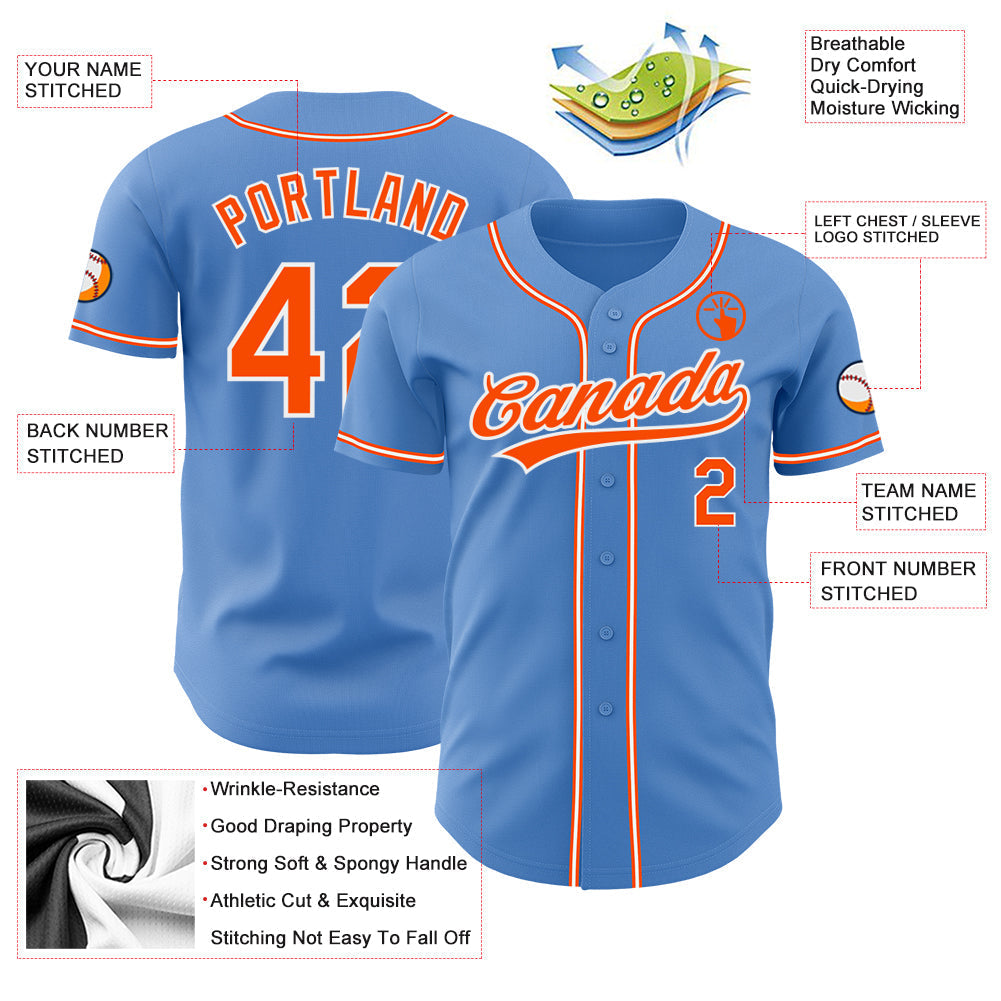 Custom Powder Blue Orange-White Authentic Baseball Jersey baseball jersey product view 3