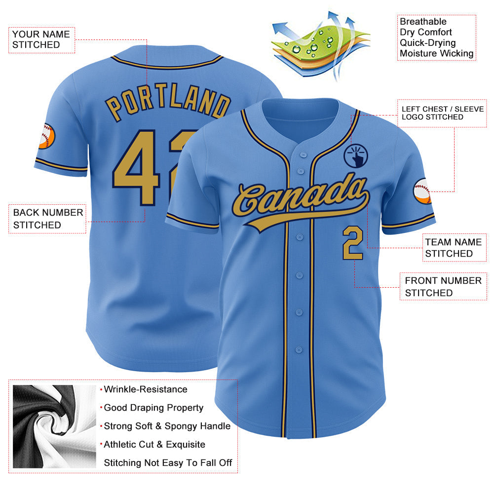 Custom Powder Blue Old Gold-Navy Authentic Baseball Jersey baseball jersey product view 3