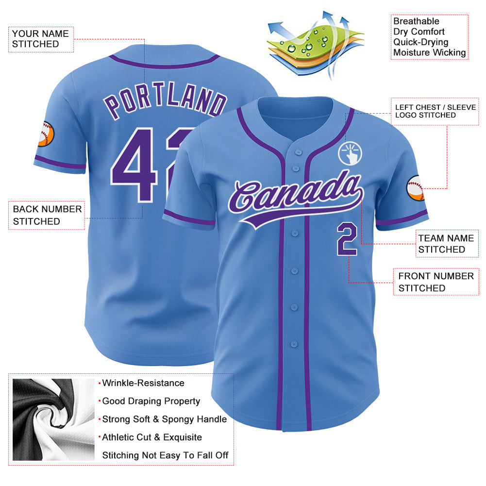 Custom Powder Blue Purple-White Authentic Baseball Jersey baseball jersey product view 3