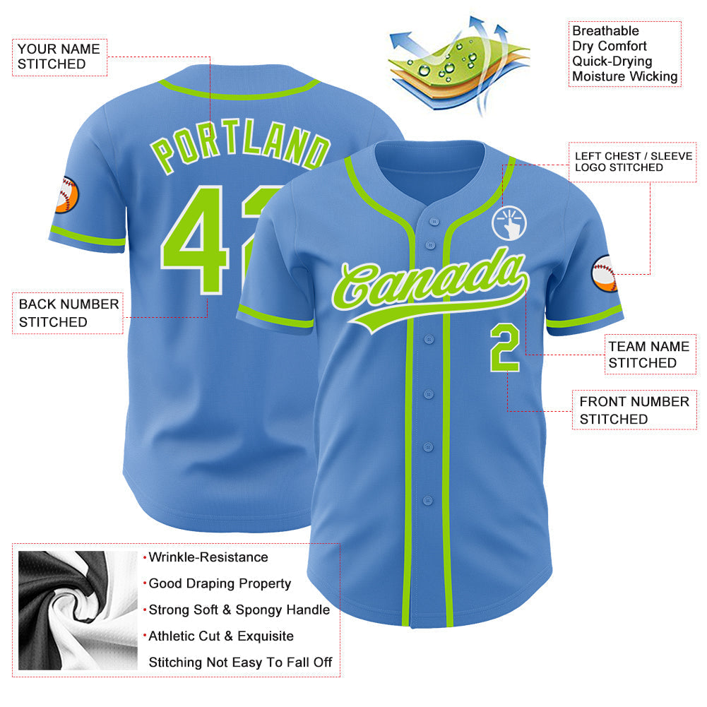 Custom Powder Blue Neon Green-White Authentic Baseball Jersey baseball jersey product view 3