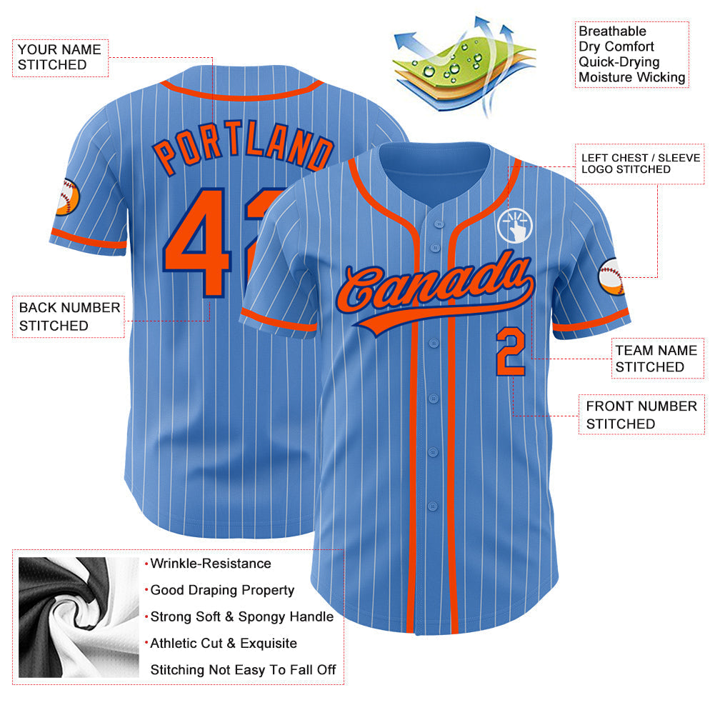 Custom Powder Blue White Pinstripe Orange-Royal Authentic Baseball Jersey baseball jersey product view 3