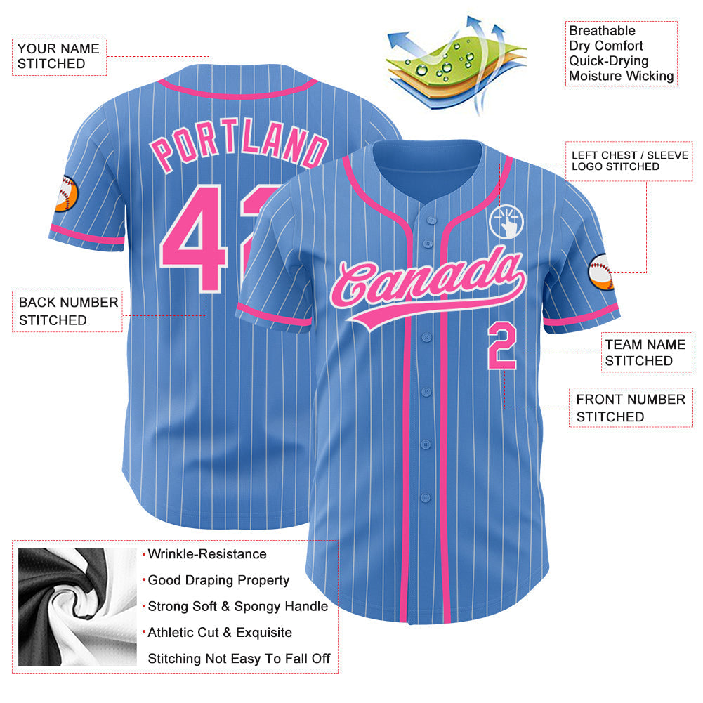 Custom Powder Blue White Pinstripe Pink Authentic Baseball Jersey baseball jersey product view 3