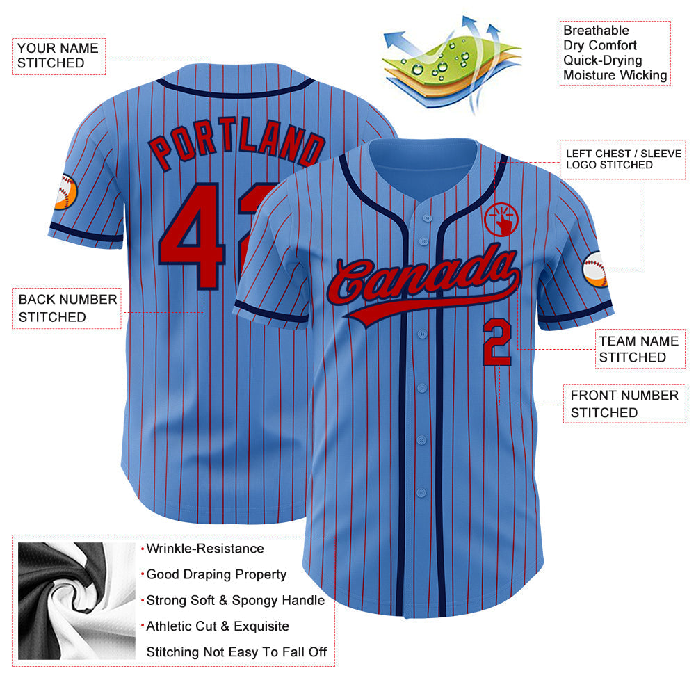 Custom Powder Blue Red Pinstripe Navy Authentic Baseball Jersey baseball jersey product view 3