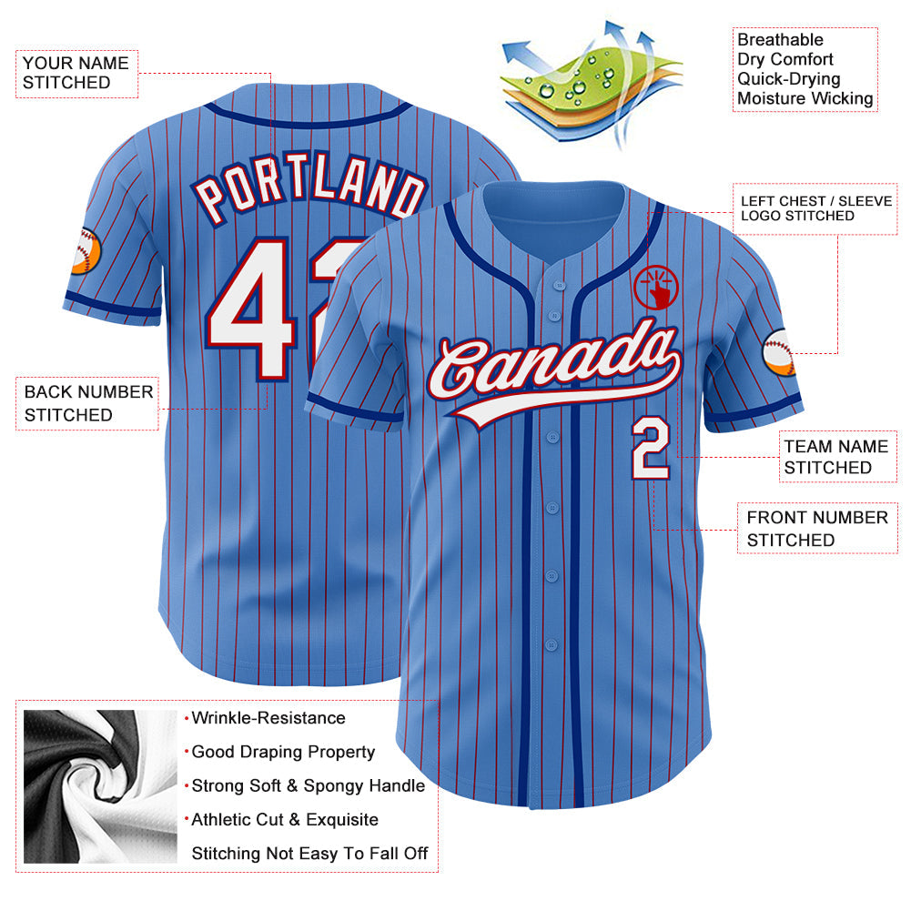 Custom Powder Blue Red Pinstripe White-Royal Authentic Baseball Jersey baseball jersey product view 3