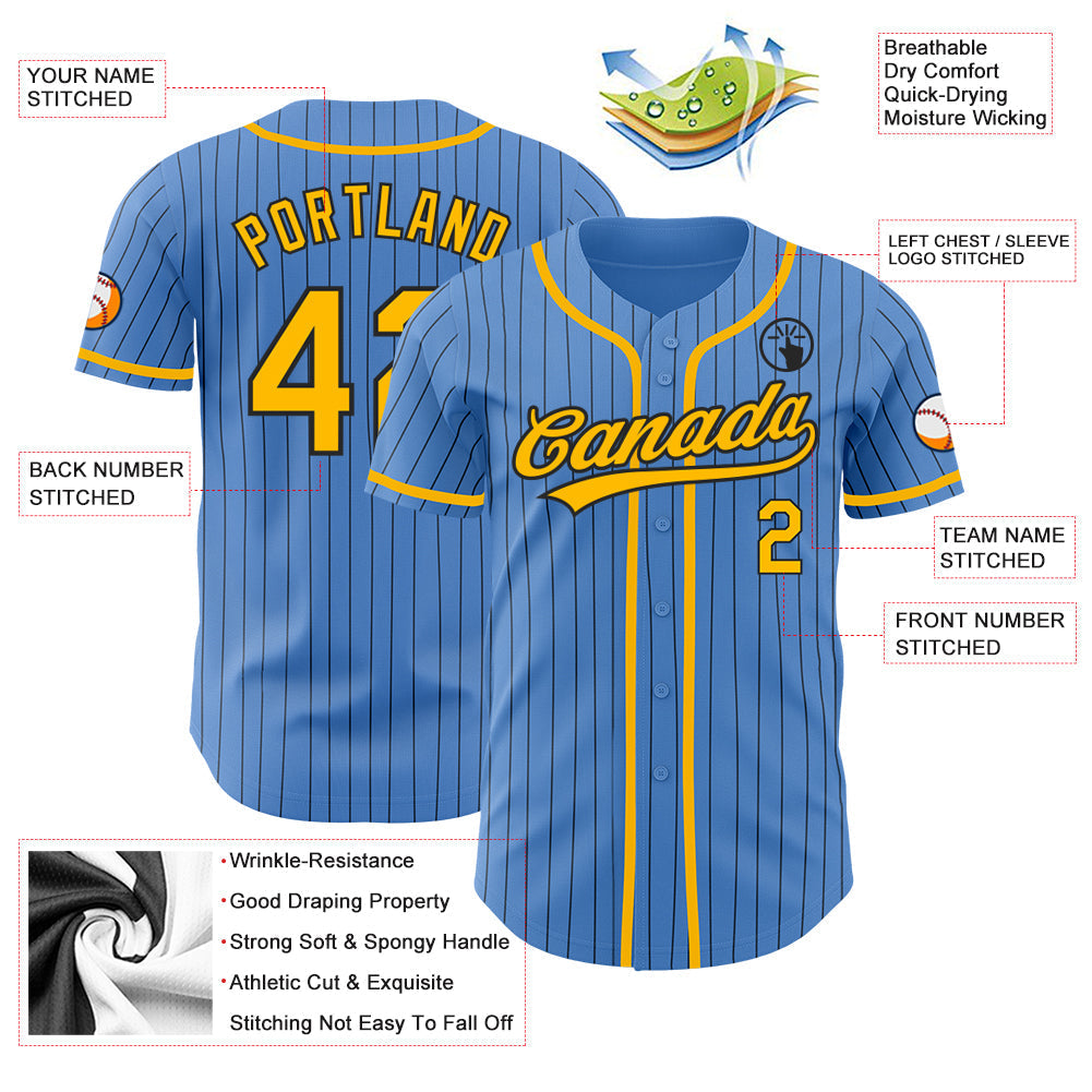 Custom Powder Blue Black Pinstripe Gold Authentic Baseball Jersey baseball jersey product view 3