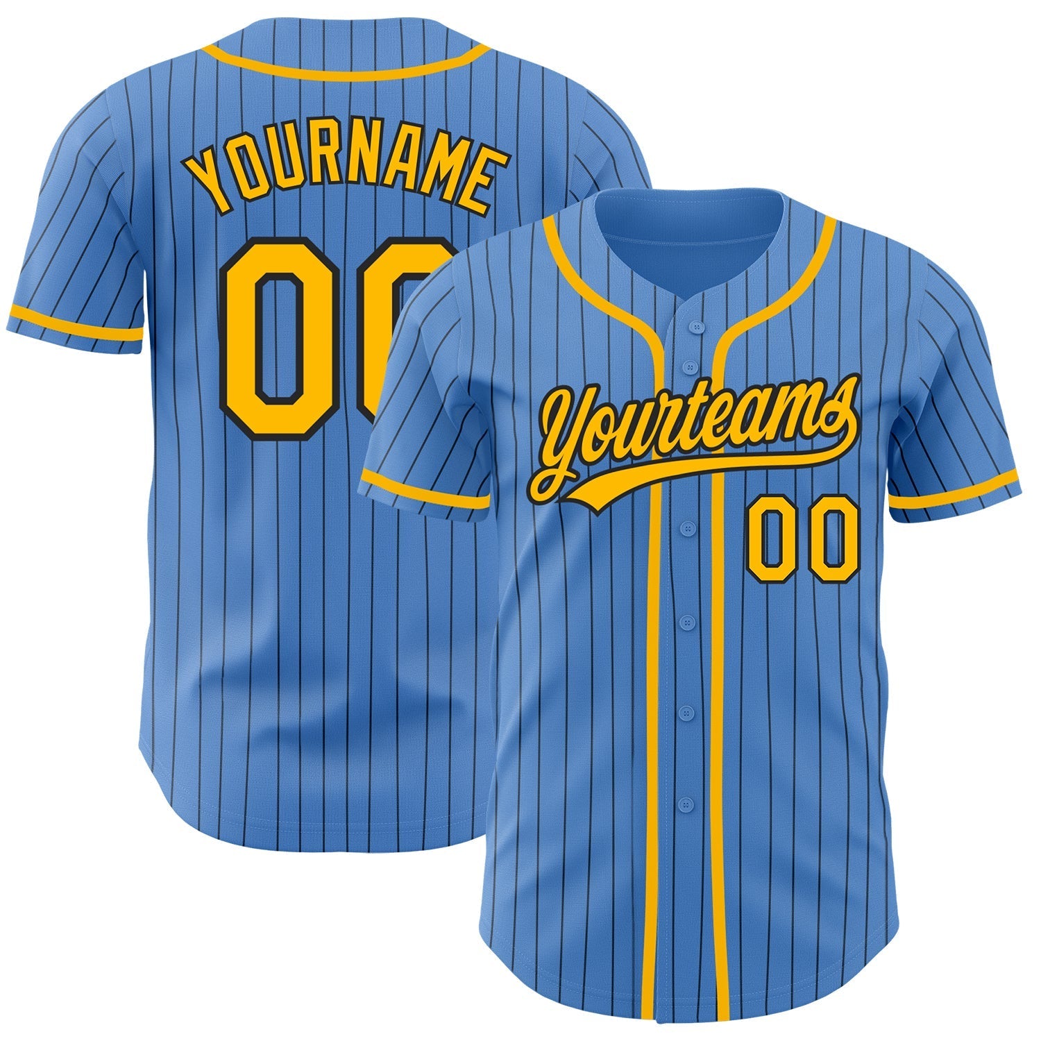 Custom Powder Blue Black Pinstripe Gold Authentic Baseball Jersey baseball jersey product view 1