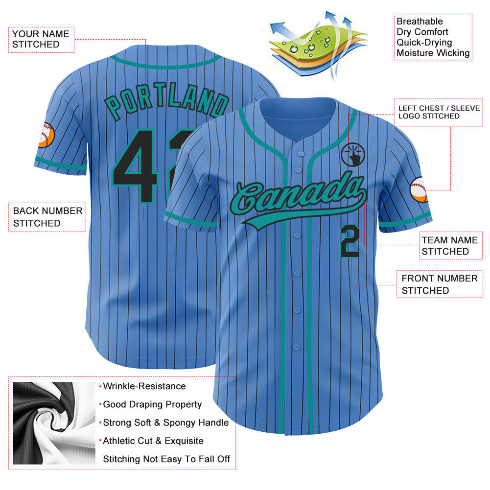 Custom Powder Blue Black Pinstripe Teal Authentic Baseball Jersey baseball jersey product view 3