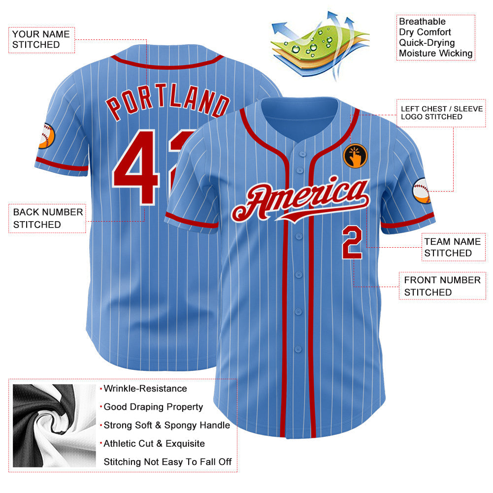 Custom Powder Blue White Pinstripe Red Authentic Baseball Jersey baseball jersey product view 3