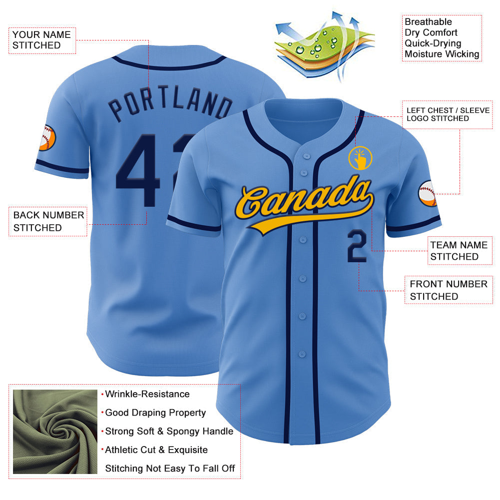 Custom Powder Blue Navy-Gold Authentic Baseball Jersey baseball jersey product view 3