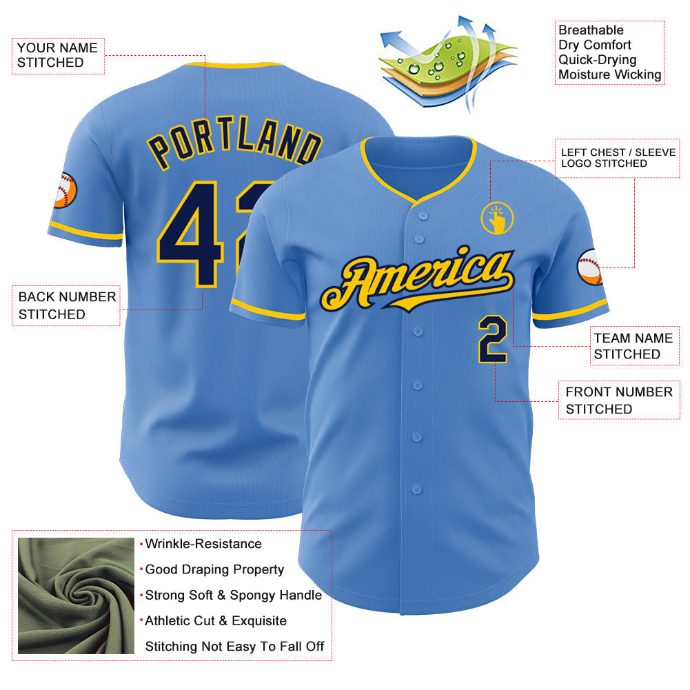 Custom Powder Blue Navy-Yellow Authentic Baseball Jersey baseball jersey product view 3