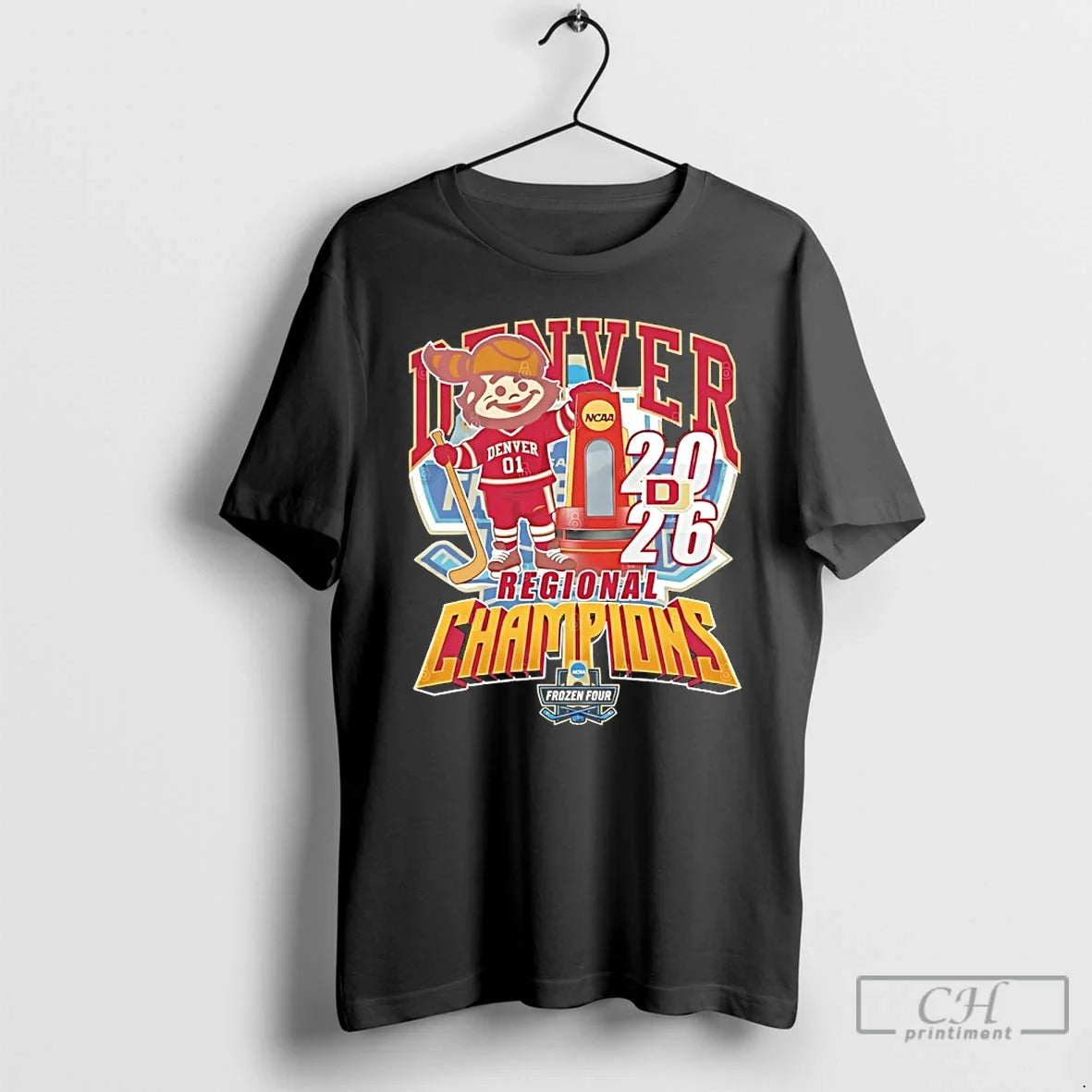 Premium Denver Pioneers 2026 Ncaa Mens Hockey Regional Champions Mascot Trophy Unisex T-shirt, Sweatshirt, Hoodie, Long Sleeve Tee - T-Shirt, Sweatshirt, Hoodie