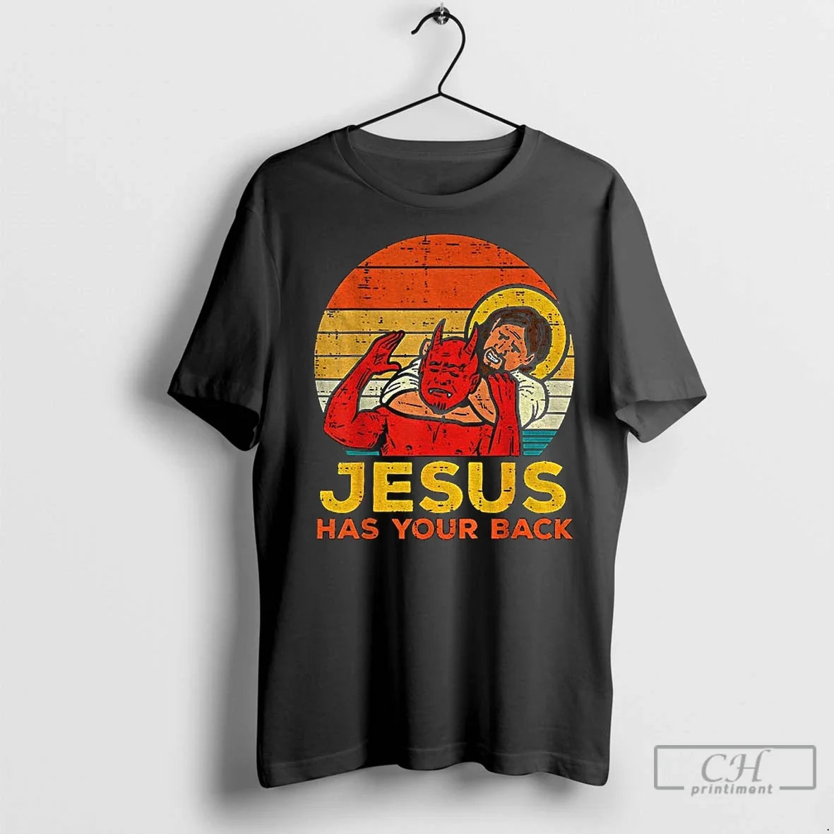 Premium Jesus With Satan Has Your Back Retro Unisex T-shirt, Sweatshirt, Hoodie, Long Sleeve Tee - T-Shirt, Sweatshirt, Hoodie