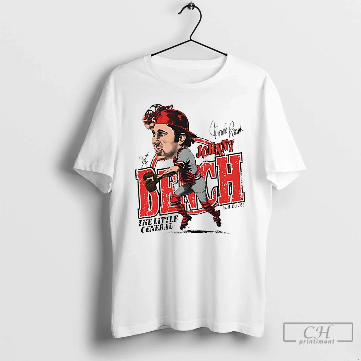 Premium Johnny Bench Cincinnati Reds Baseball The Little General Caricature Signature Unisex T-shirt, Sweatshirt, Hoodie, Long Sleeve Tee - T-Shirt, Sweatshirt, Hoodie