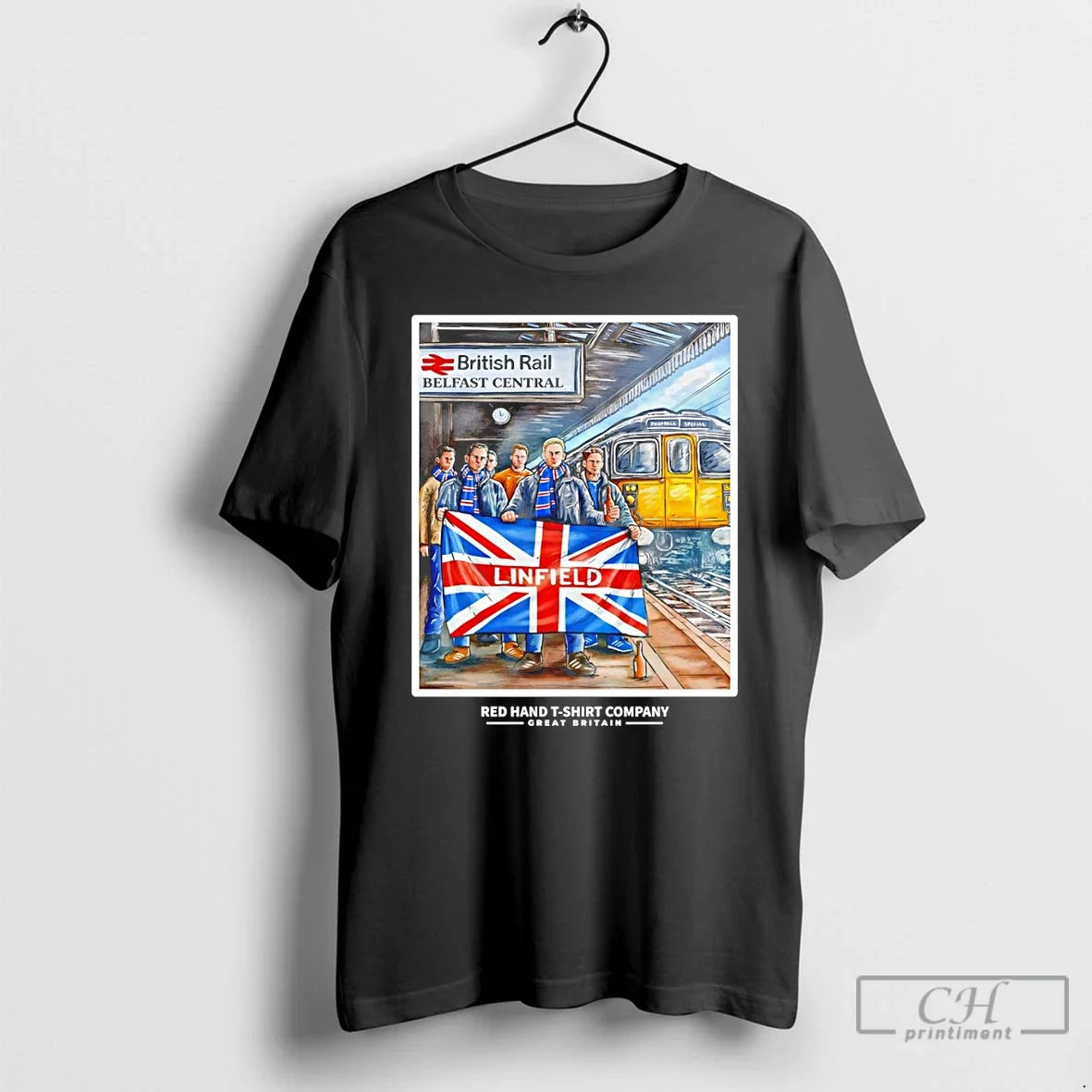 Premium Linfield British Rail Belfast Central Uk Flag Unisex T-shirt, Sweatshirt, Hoodie, Long Sleeve Tee - T-Shirt, Sweatshirt, Hoodie
