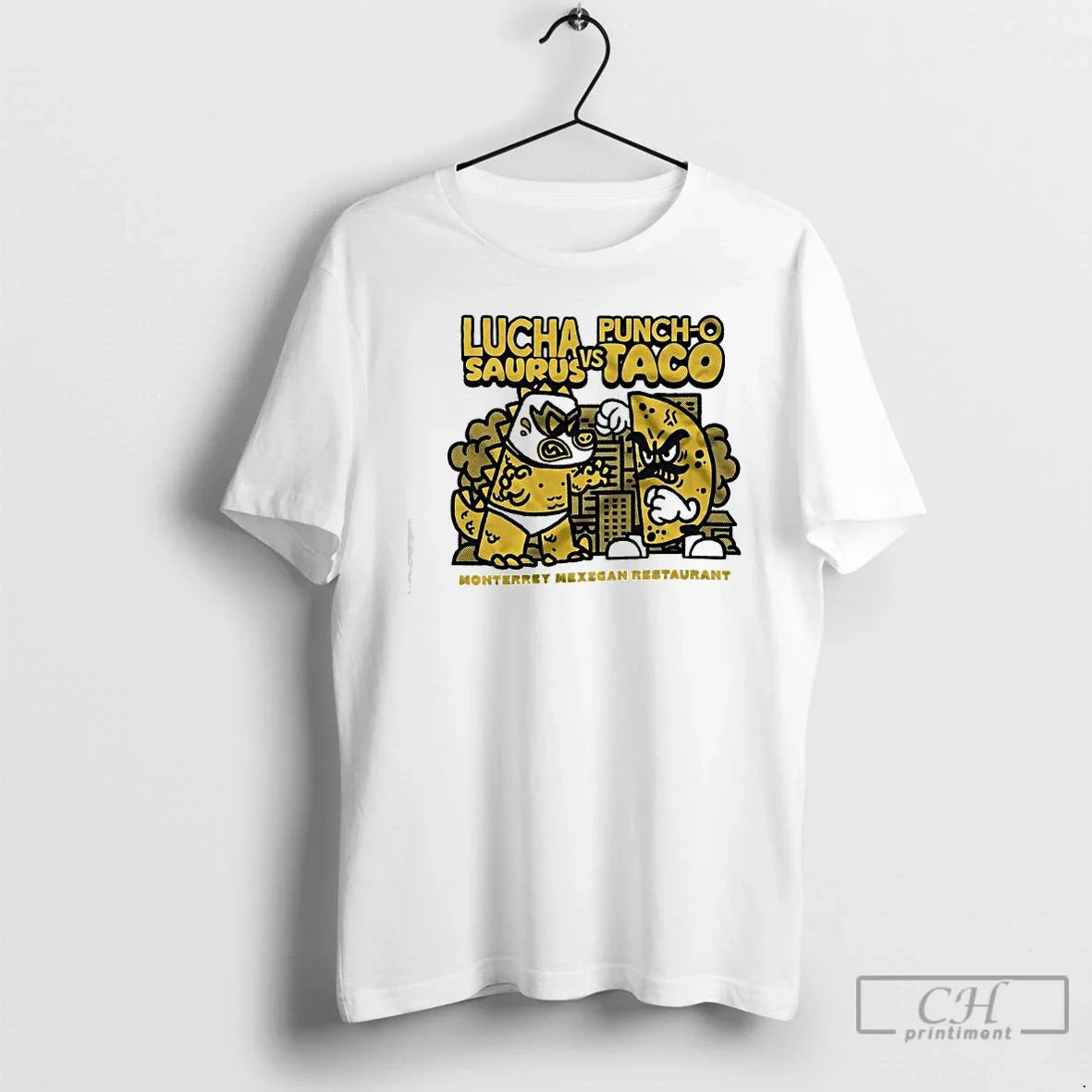 Premium Lucha Punch O Saurus Vs Taco Monterrey Mexican Restaurant Graphic - T-Shirt, Sweatshirt, Hoodie