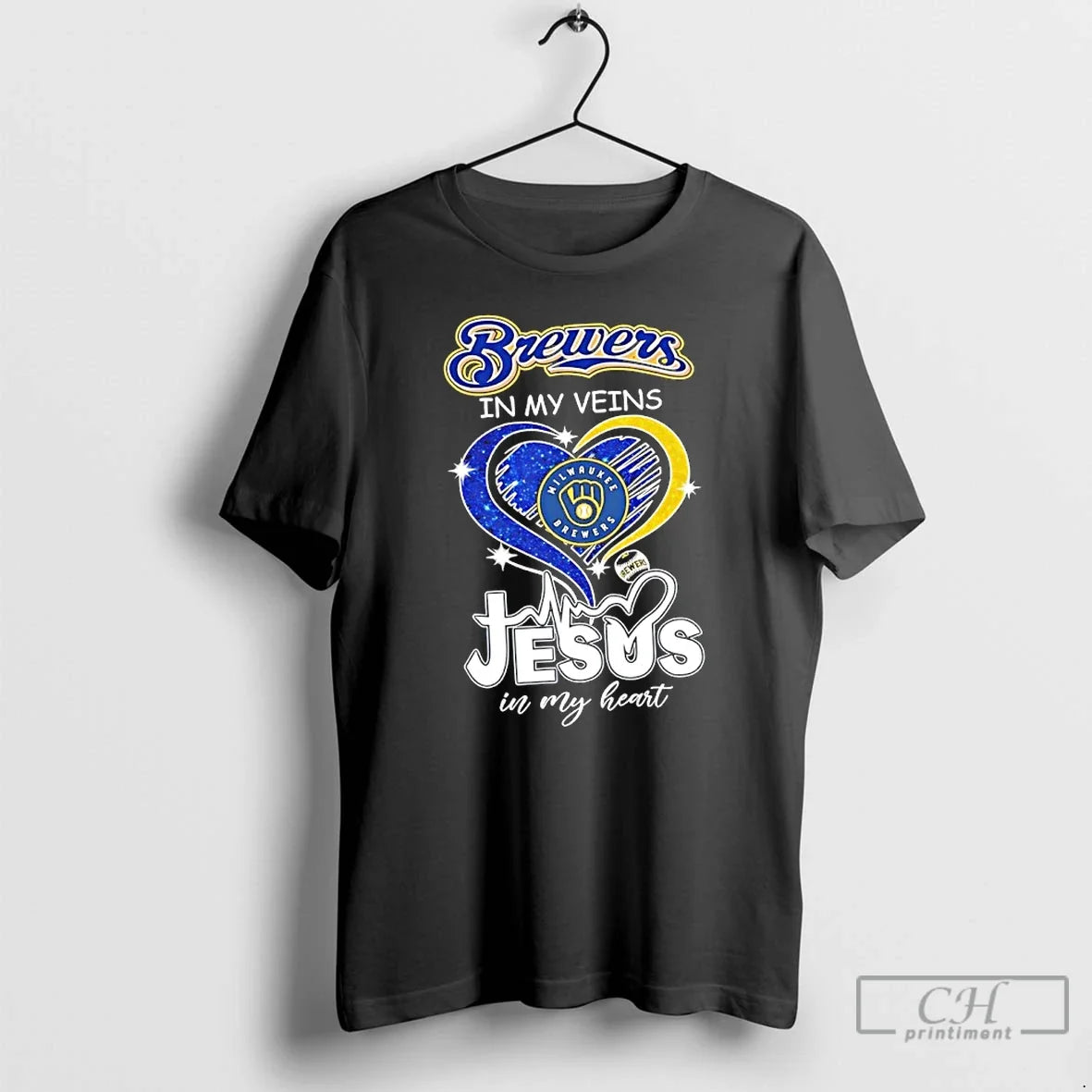 Premium Milwaukee Brewers In My Veins And Jesus In My Heart Diamond Heart T Shirts - T-Shirt, Sweatshirt, Hoodie