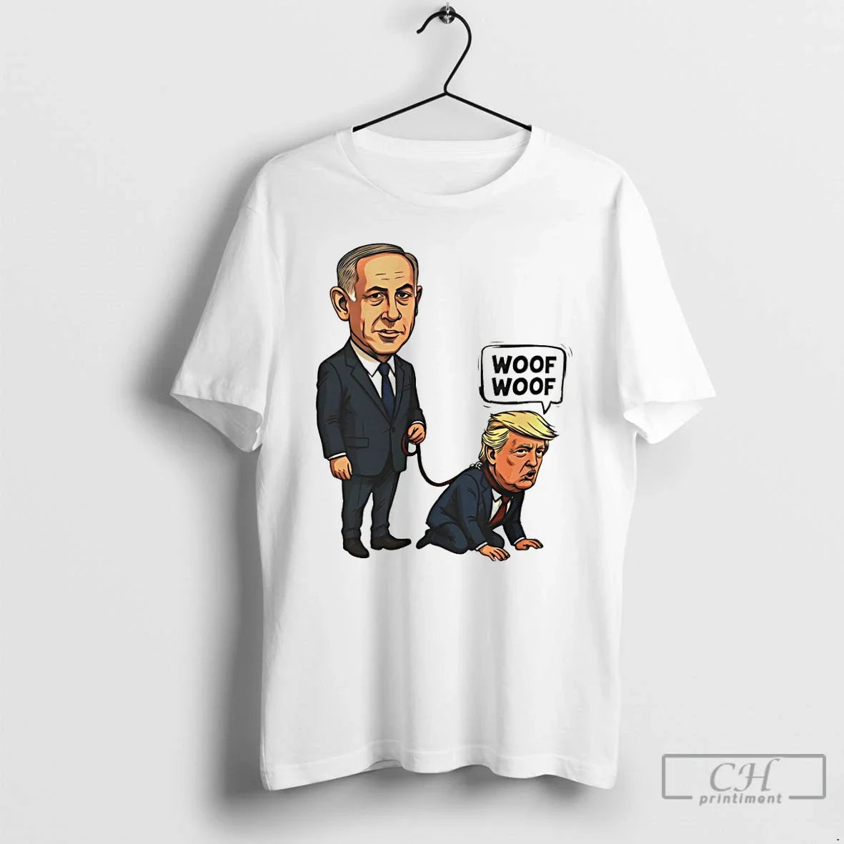 Premium Netanyahu Walking Trump Dog Woof Woof Political Satire Caricature Unisex T-shirt, Sweatshirt, Hoodie, Long Sleeve Tee - T-Shirt, Sweatshirt, Hoodie