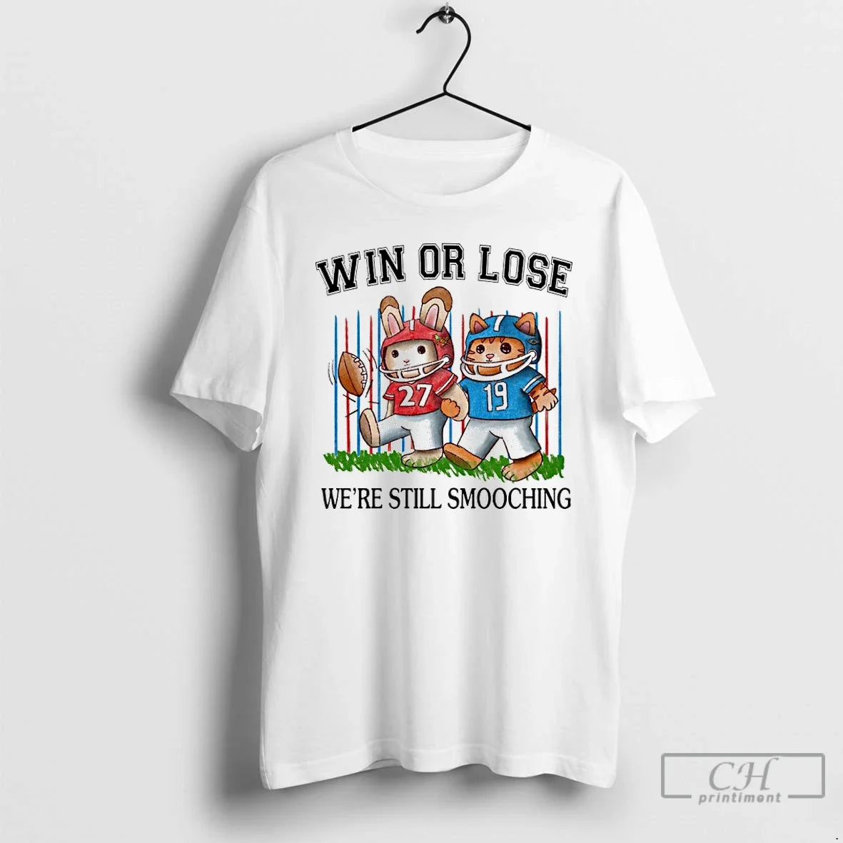 Premium Rabbit And Cat Football Win Or Lose Were Still Smooching - T-Shirt, Sweatshirt, Hoodie