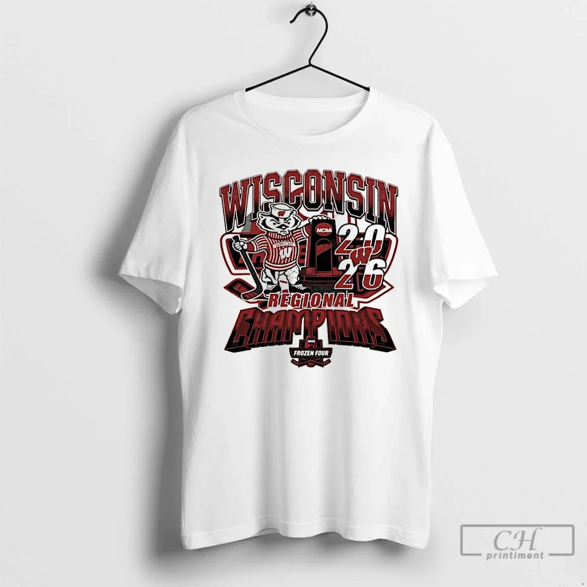 Premium Wisconsin Badgers 2026 Ncaa Mens Hockey Regional Champions Mascot Trophy Unisex T-shirt, Sweatshirt, Hoodie, Long Sleeve Tee - T-Shirt, Sweatshirt, Hoodie