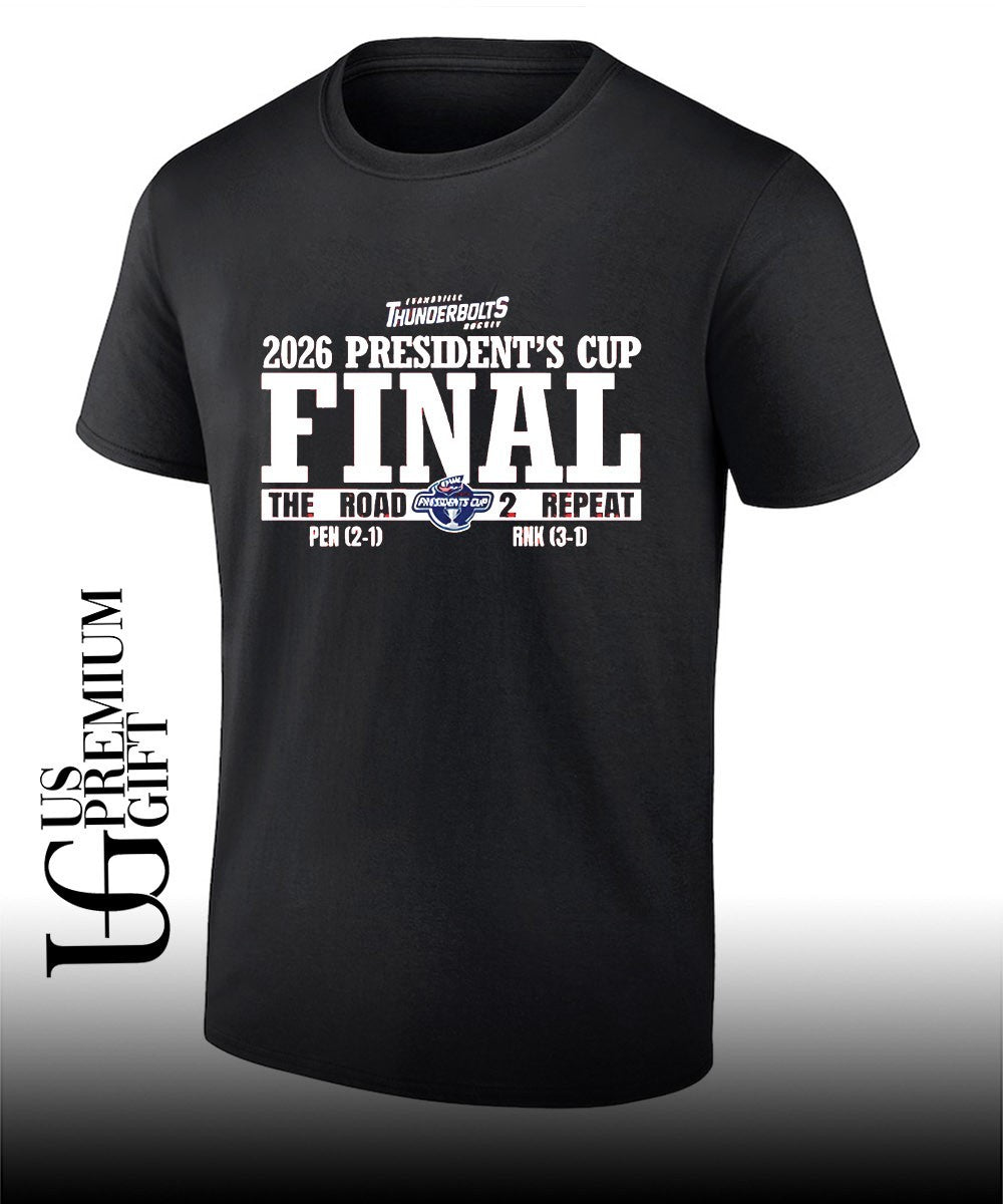 Presidents Cup Final Evansville Thunderbolts hockey 2026 The Road 2 Repeat shirt Unisex T-shirt, Sweatshirt, Hoodie, Long Sleeve Tee - T-Shirt, Sweatshirt, Hoodie